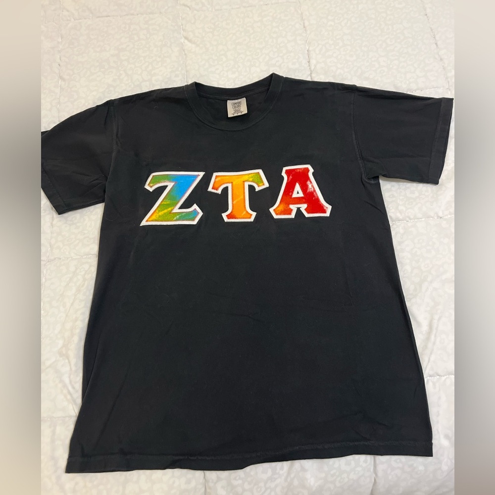 Zeta Tau Alpha “ZTA” Embroidered Multi-Colored Greek Letters on Tee Shirt, 
MED